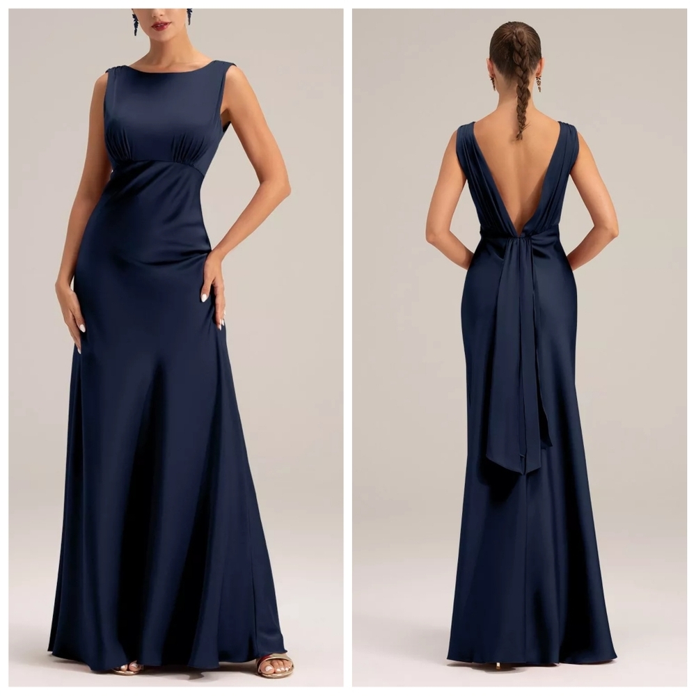 AW Keira Satin Charmeuse Mermaid Gown | 12 | Dark Navy | Floor Length | NWOT